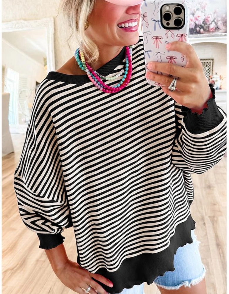 Black Stripe Loose Drop Shoulder Long Sleeve Top
