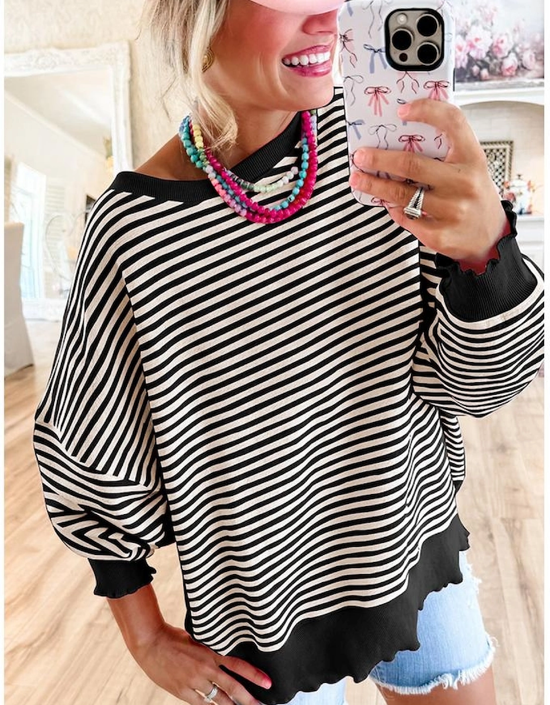 Black Stripe Loose Drop Shoulder Long Sleeve Top, 11 of 10