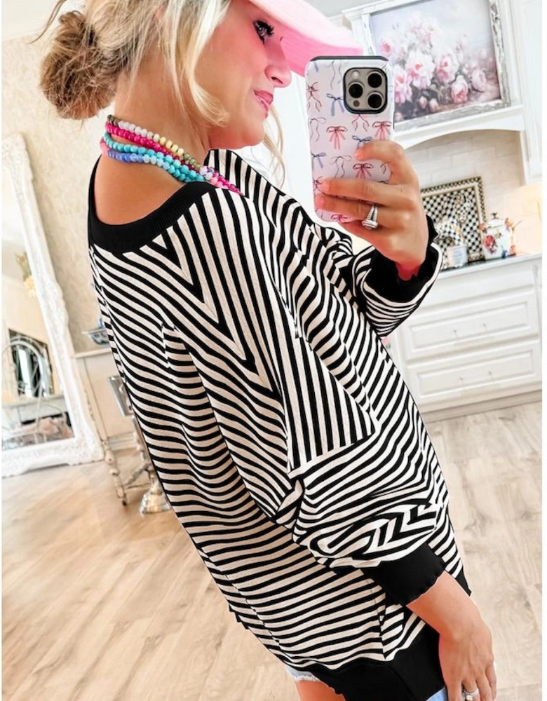 Black Stripe Loose Drop Shoulder Long Sleeve Top