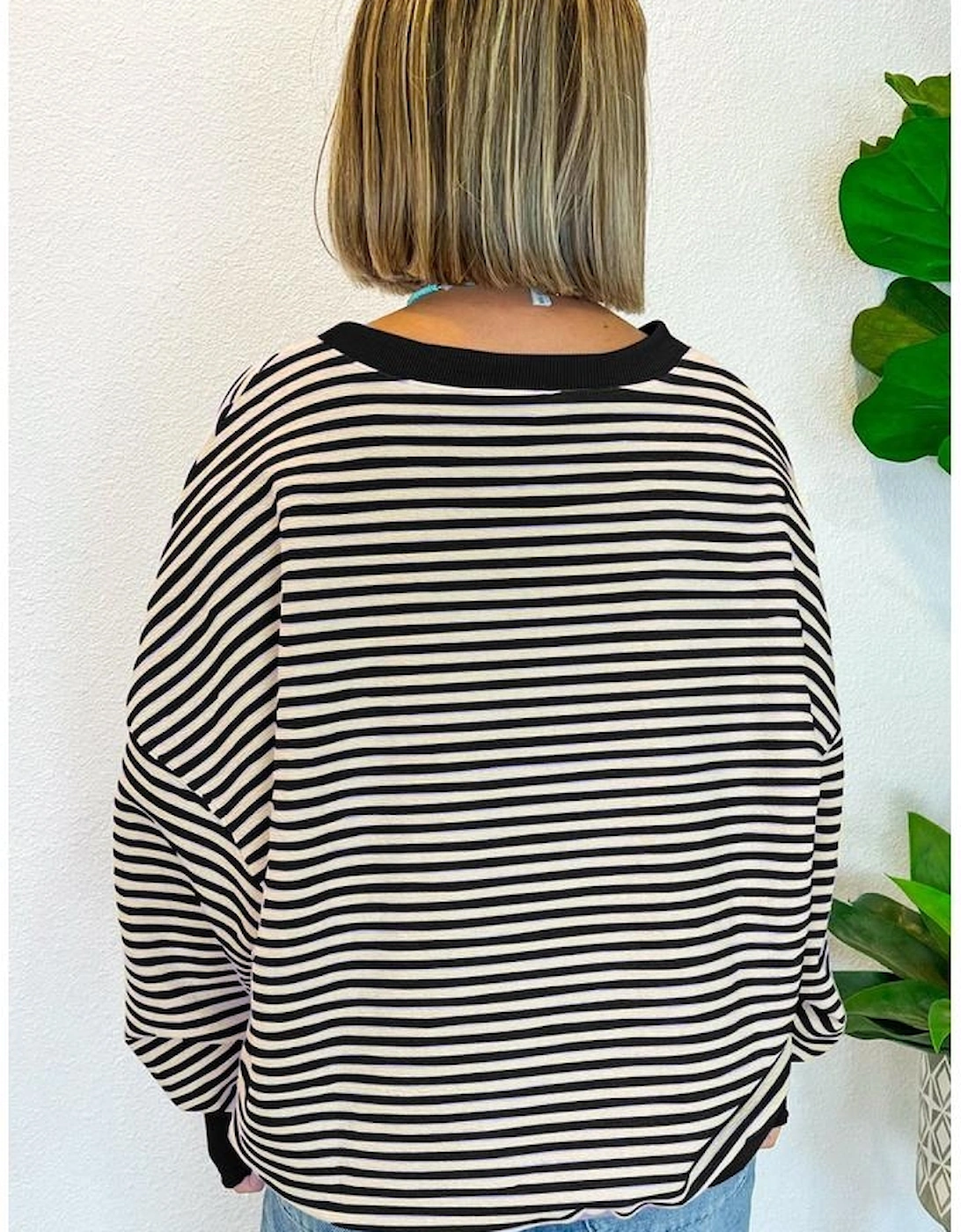 Black Stripe Loose Drop Shoulder Long Sleeve Top