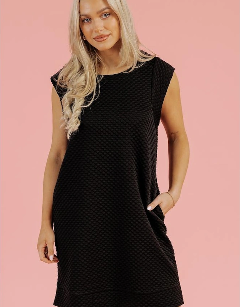 Black Textured Cap Sleeve T-shirt Shift Mini Dress