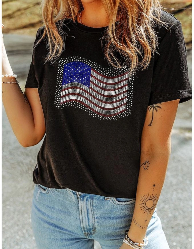 Black Rhinestone American Flag Casual Round Neck Tee
