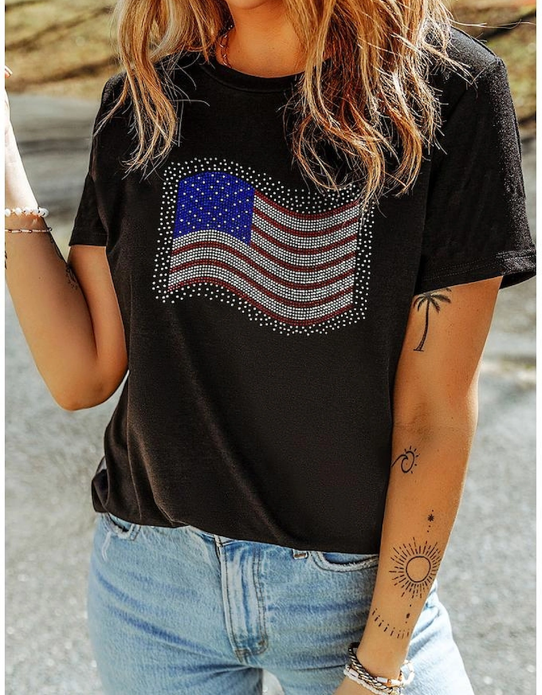 Black Rhinestone American Flag Casual Round Neck Tee