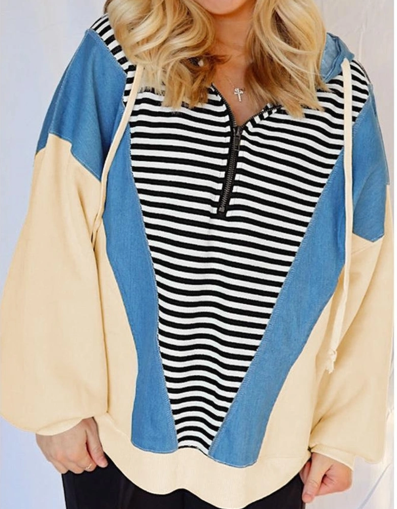 Black Stripe Denim Color Block Quarter Zip Baggy Drawstring Hoodie