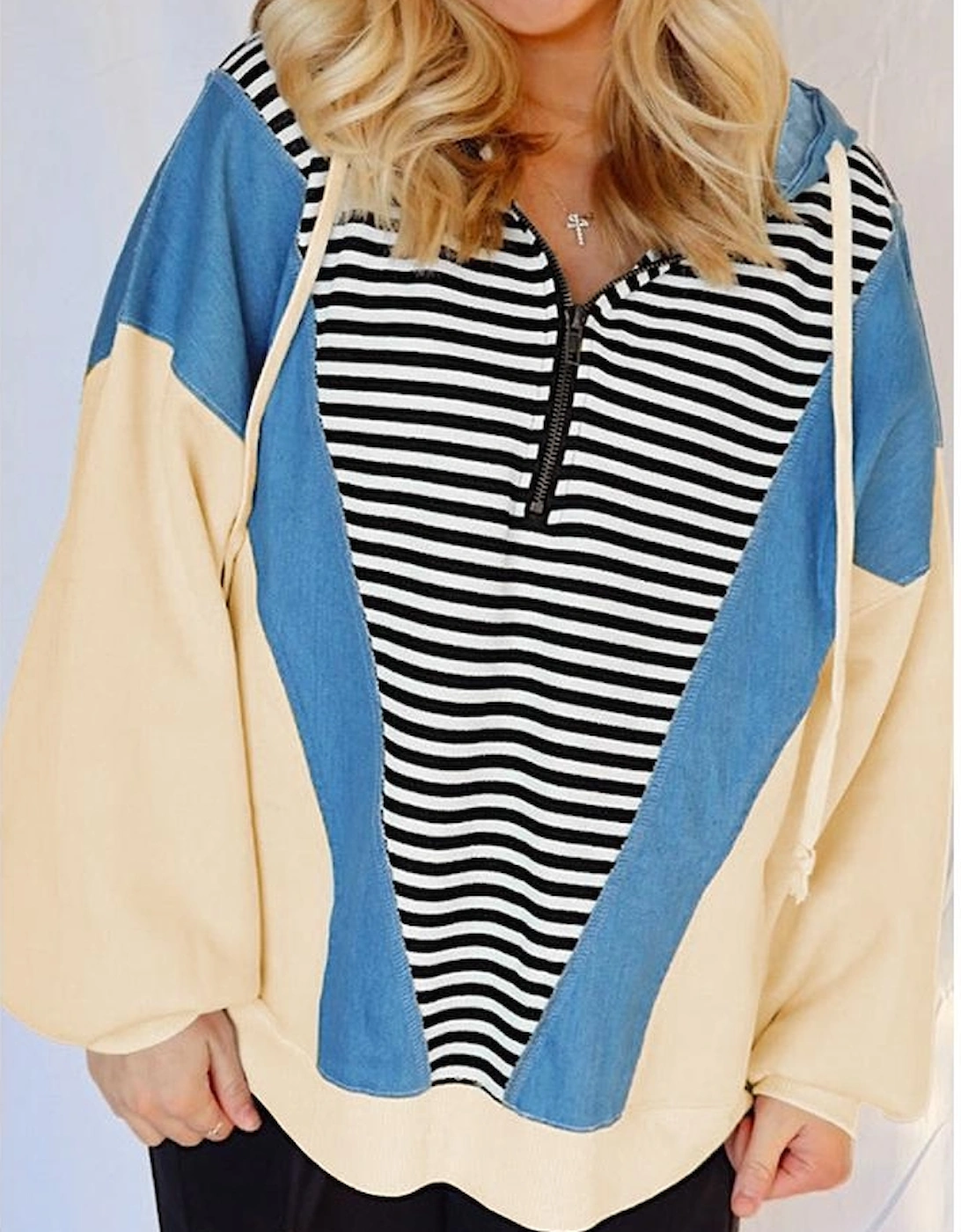 Black Stripe Denim Color Block Quarter Zip Baggy Drawstring Hoodie, 14 of 13