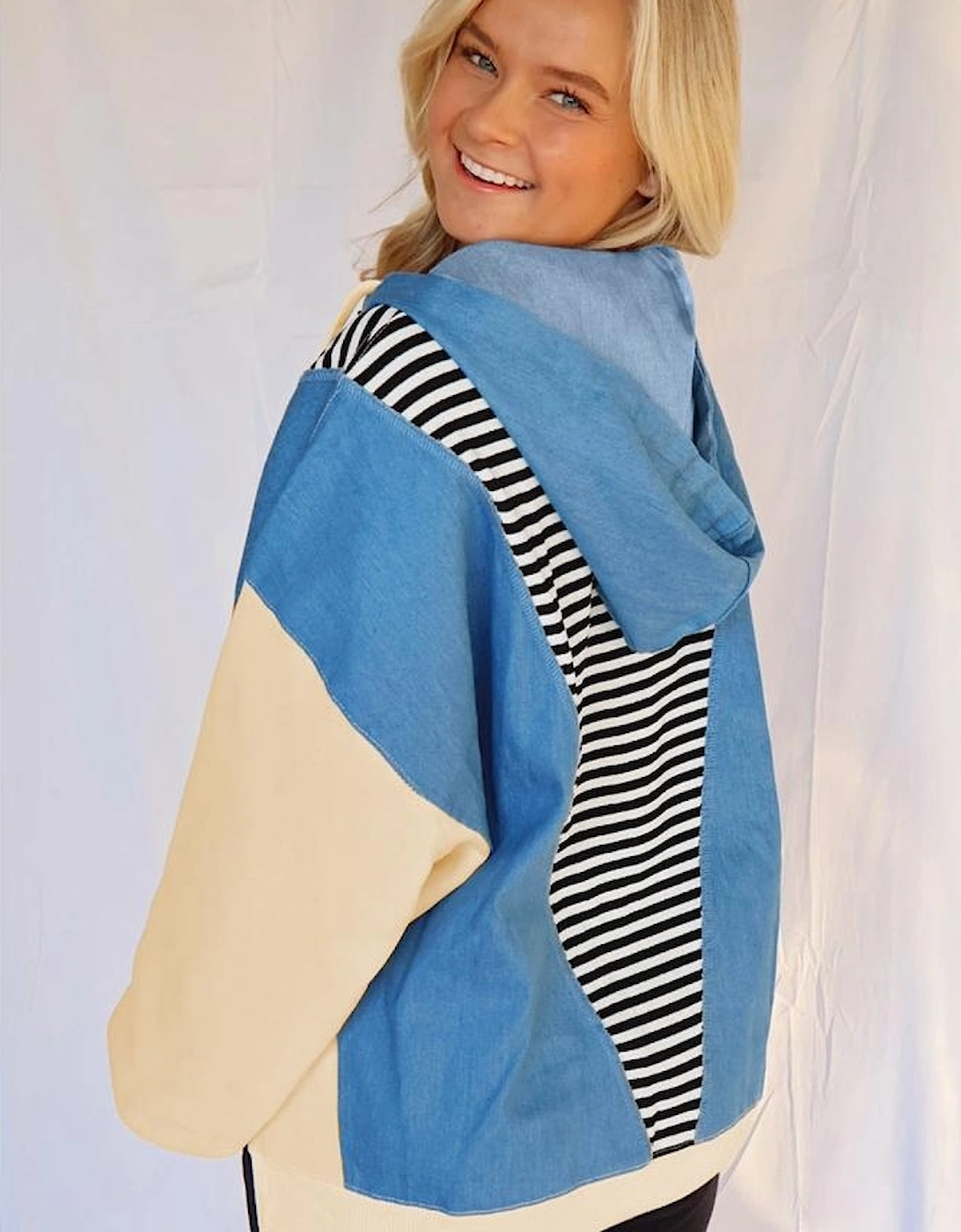 Black Stripe Denim Color Block Quarter Zip Baggy Drawstring Hoodie