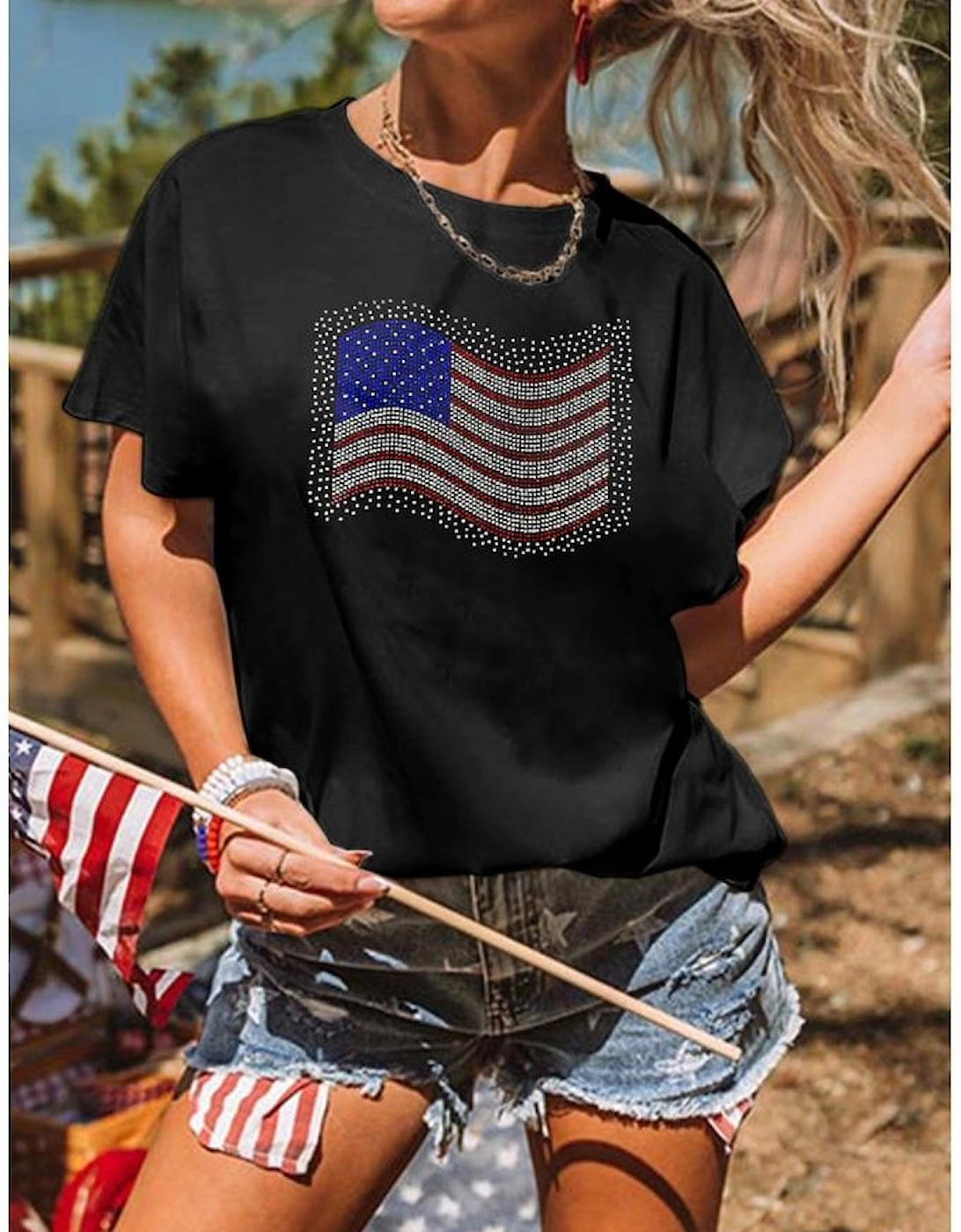 Black Rhinestone American Flag Casual Round Neck Tee