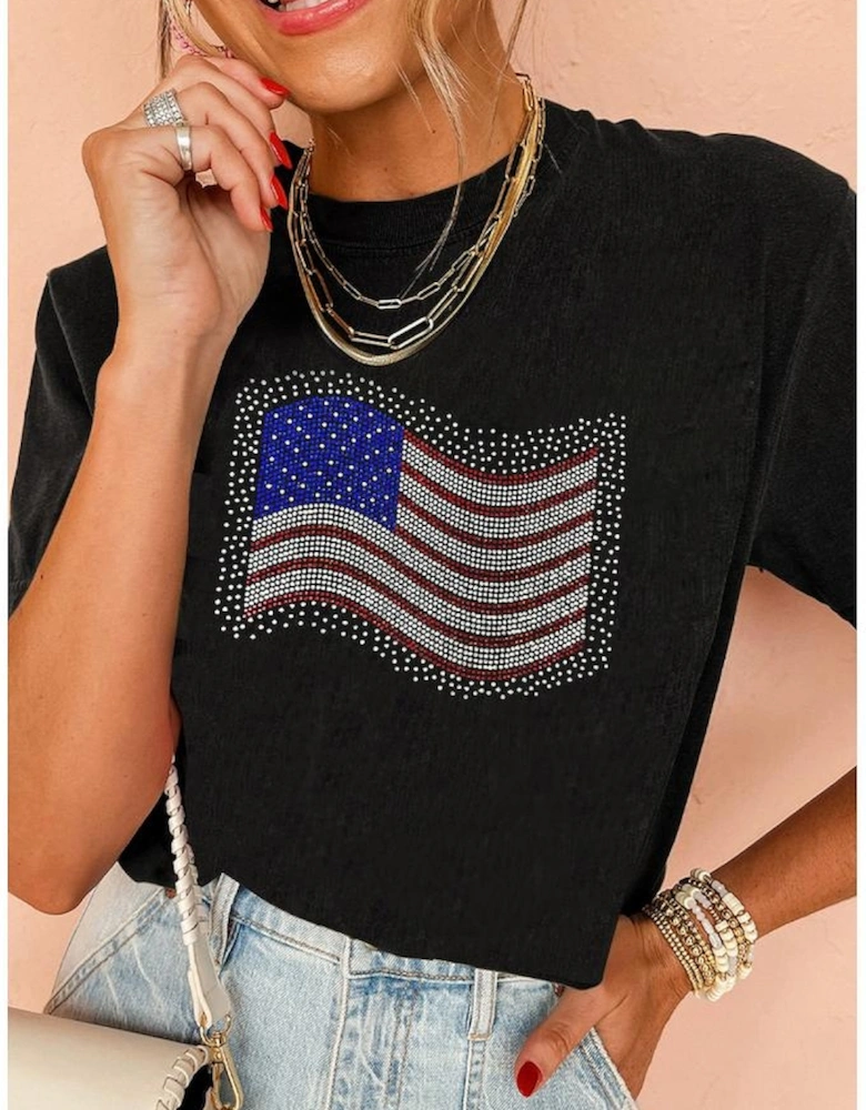Black Rhinestone American Flag Casual Round Neck Tee
