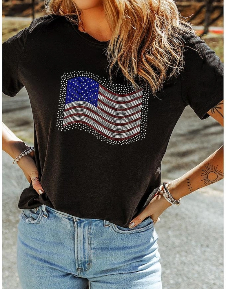 Black Rhinestone American Flag Casual Round Neck Tee