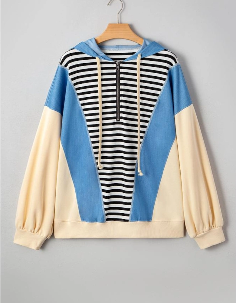 Black Stripe Denim Color Block Quarter Zip Baggy Drawstring Hoodie