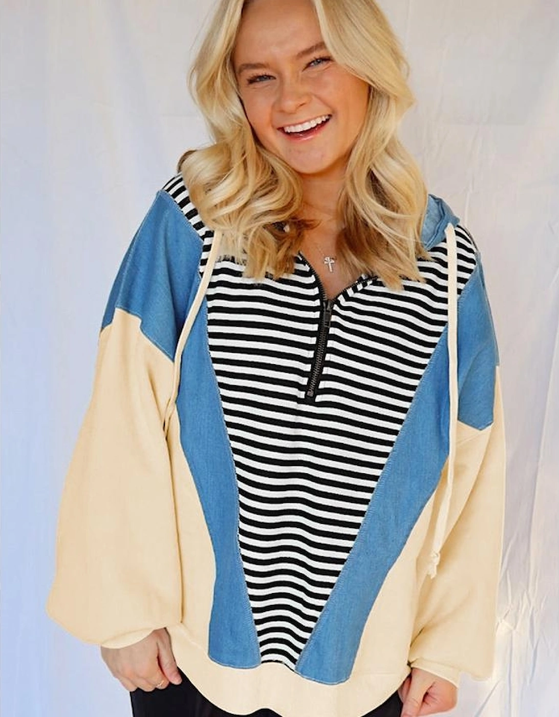 Black Stripe Denim Color Block Quarter Zip Baggy Drawstring Hoodie