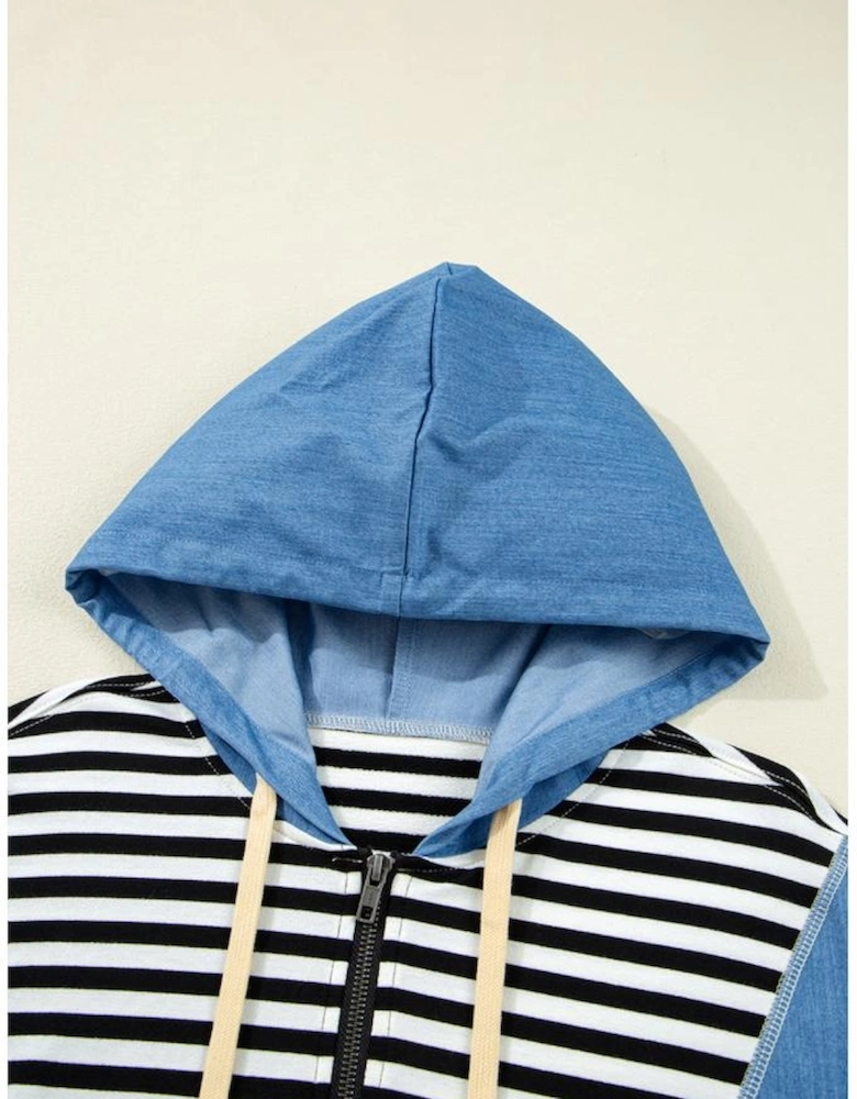 Black Stripe Denim Color Block Quarter Zip Baggy Drawstring Hoodie