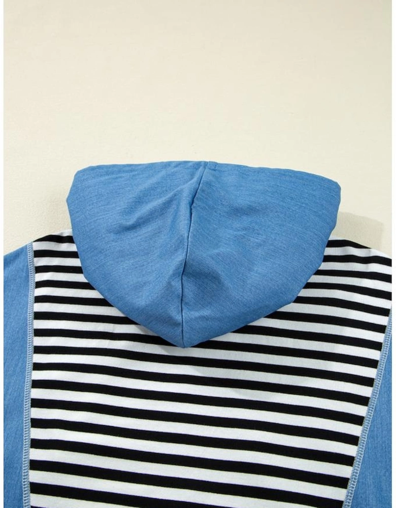 Black Stripe Denim Color Block Quarter Zip Baggy Drawstring Hoodie