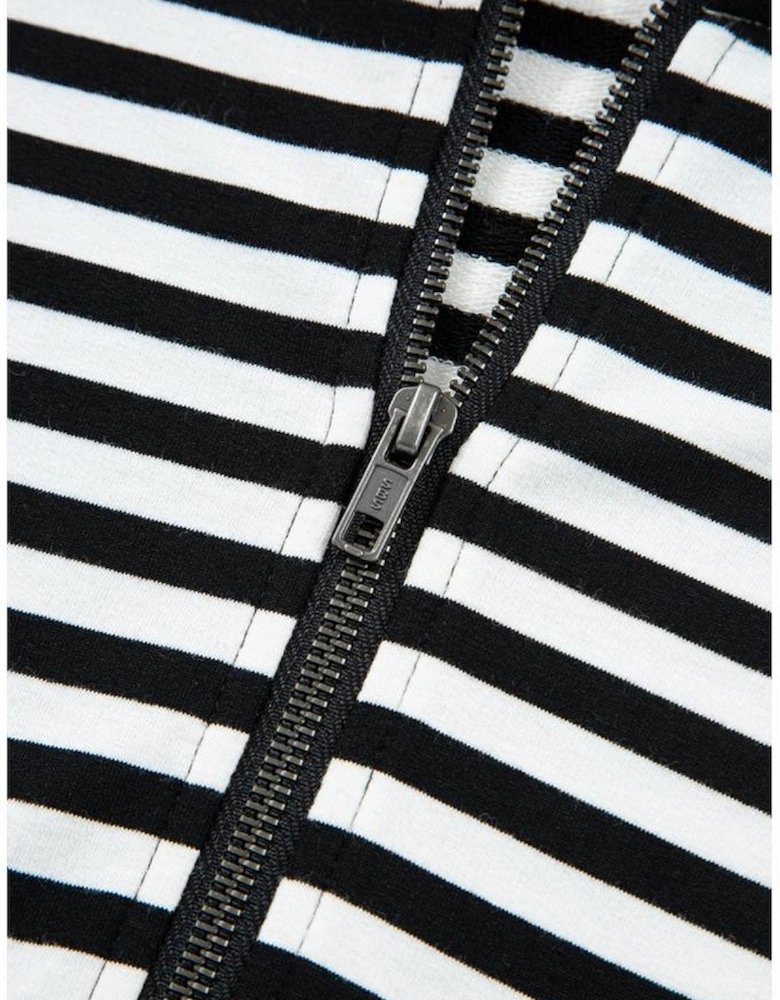 Black Stripe Denim Color Block Quarter Zip Baggy Drawstring Hoodie