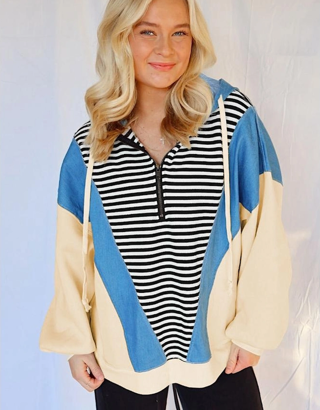 Black Stripe Denim Color Block Quarter Zip Baggy Drawstring Hoodie