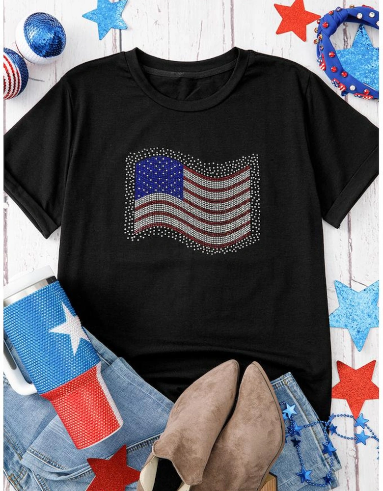 Black Rhinestone American Flag Casual Round Neck Tee