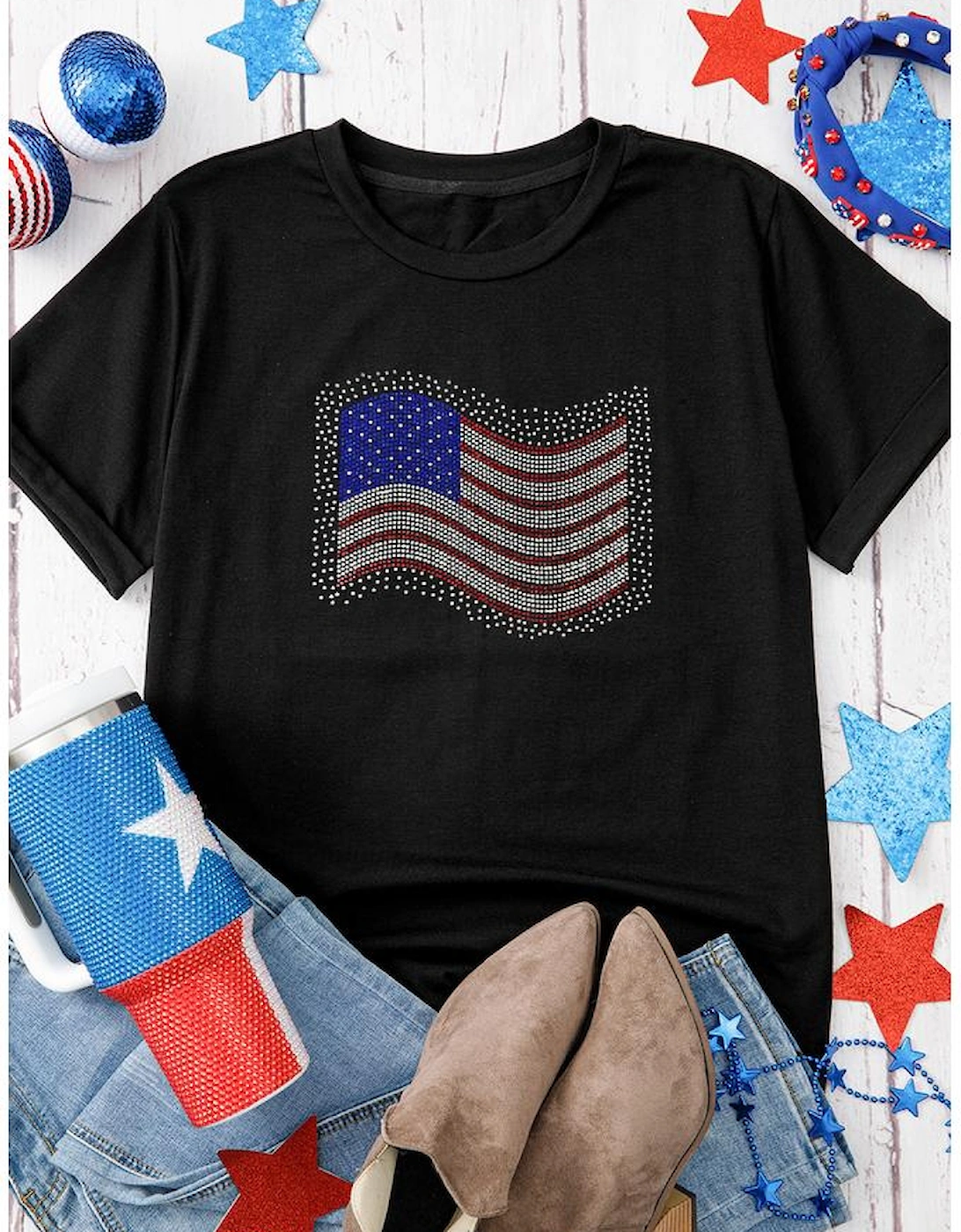 Black Rhinestone American Flag Casual Round Neck Tee, 7 of 6