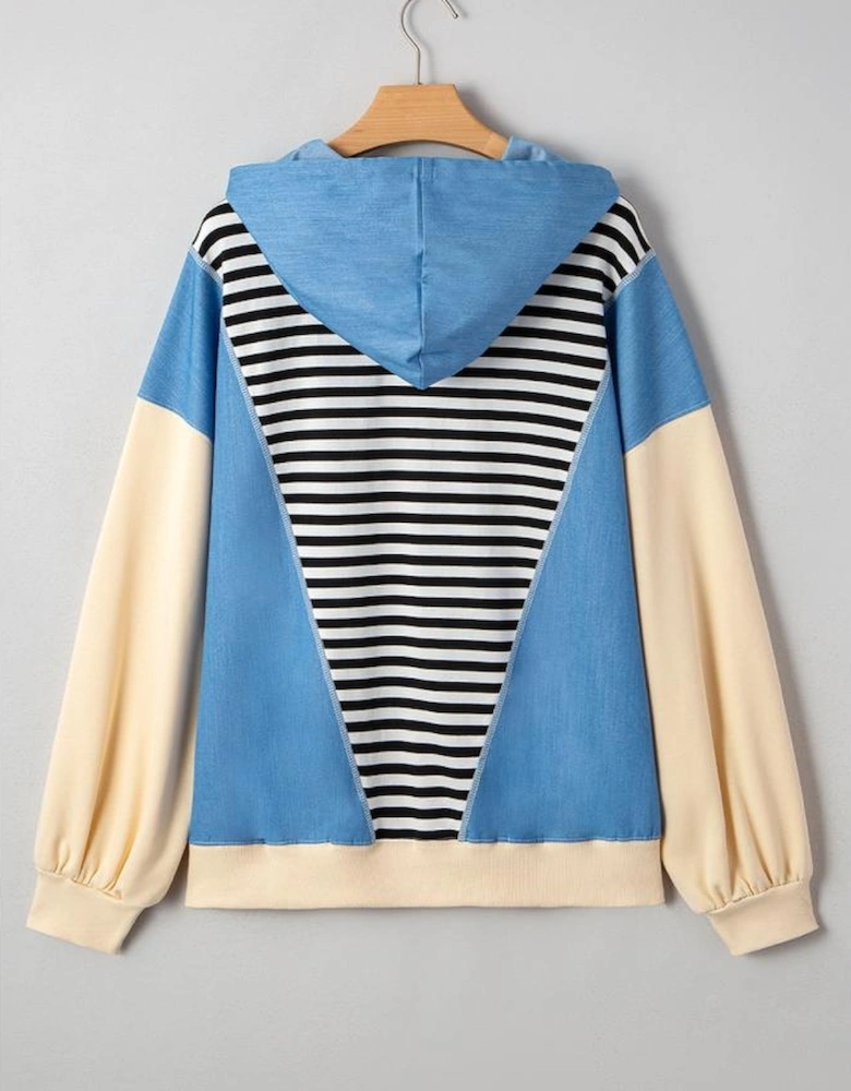 Black Stripe Denim Color Block Quarter Zip Baggy Drawstring Hoodie
