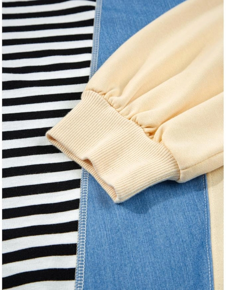 Black Stripe Denim Color Block Quarter Zip Baggy Drawstring Hoodie