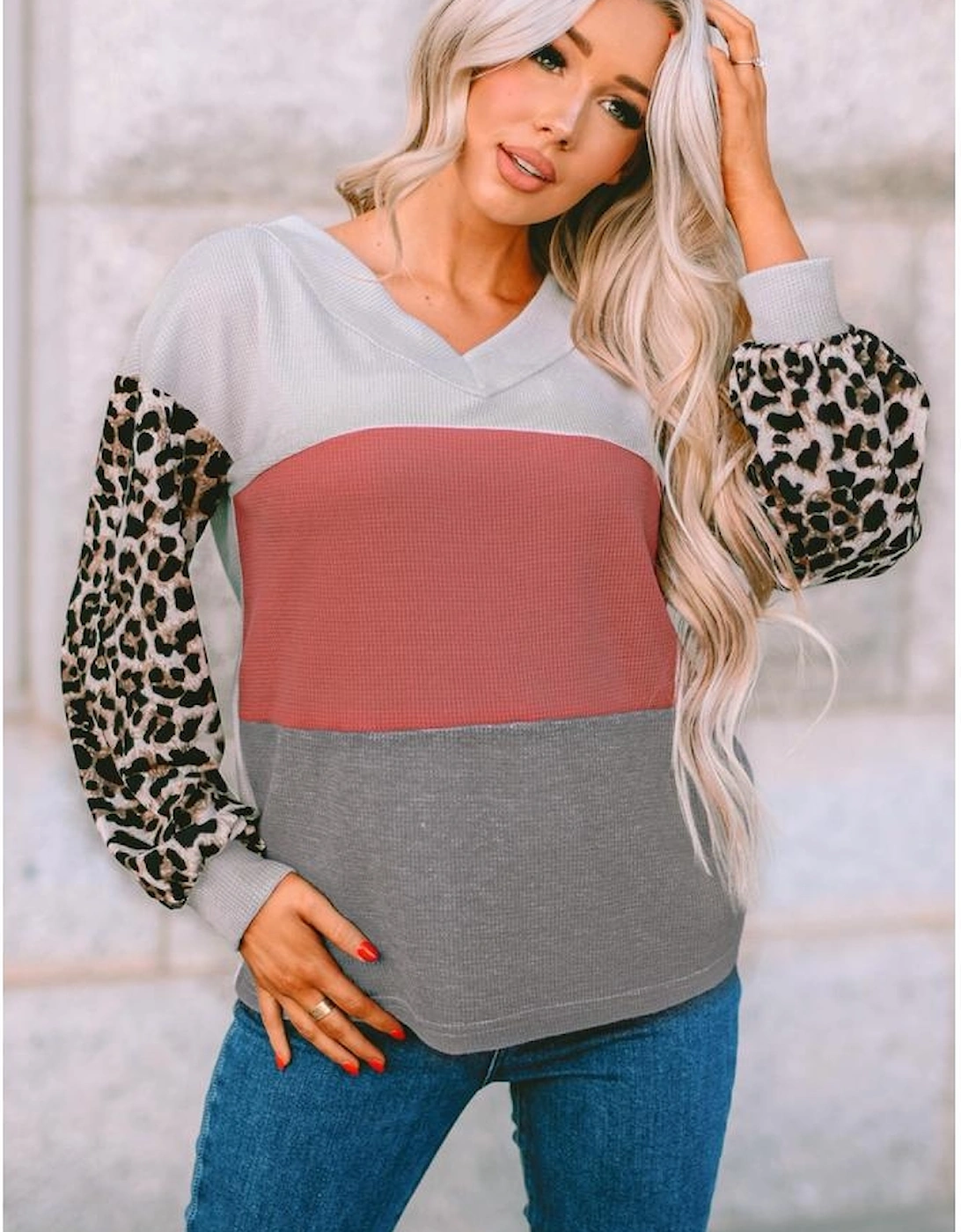 Red Wild Leopard Contrast Sleeve Colorblock Waffle Knit Top