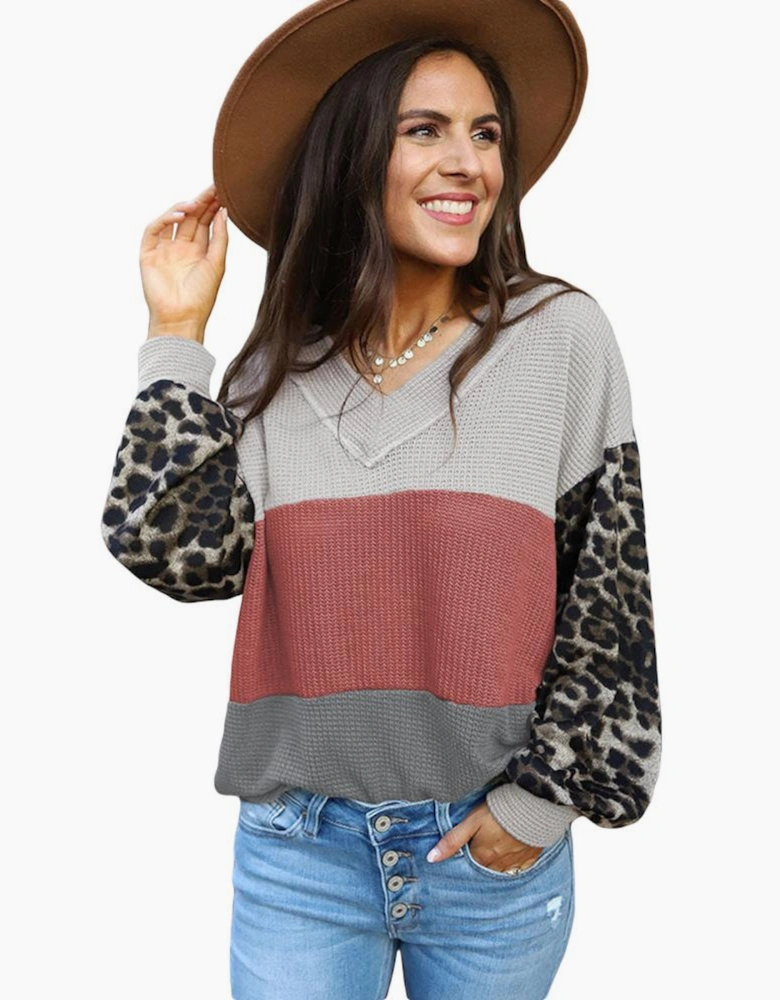 Red Wild Leopard Contrast Sleeve Colorblock Waffle Knit Top