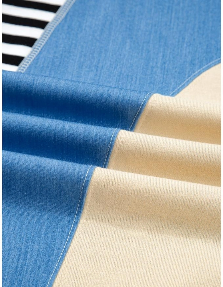 Black Stripe Denim Color Block Quarter Zip Baggy Drawstring Hoodie