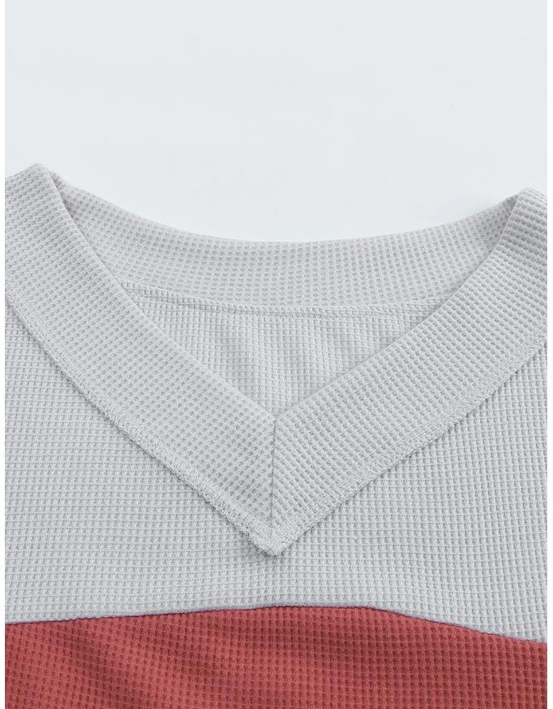 Red Wild Leopard Contrast Sleeve Colorblock Waffle Knit Top