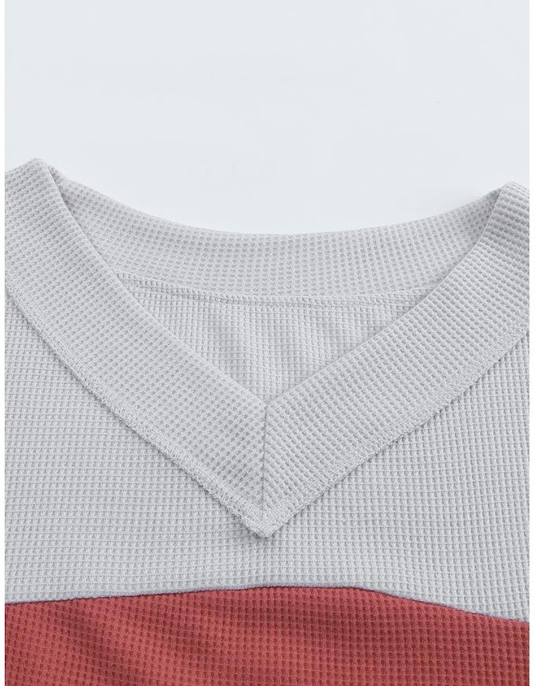 Red Wild Leopard Contrast Sleeve Colorblock Waffle Knit Top