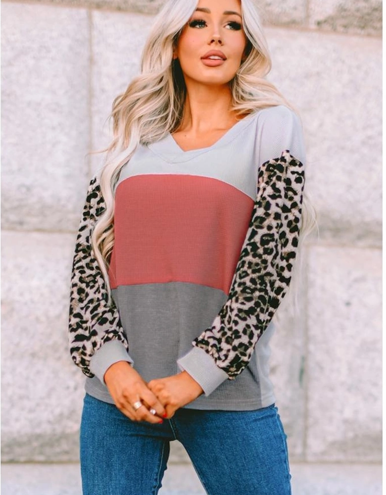 Red Wild Leopard Contrast Sleeve Colorblock Waffle Knit Top