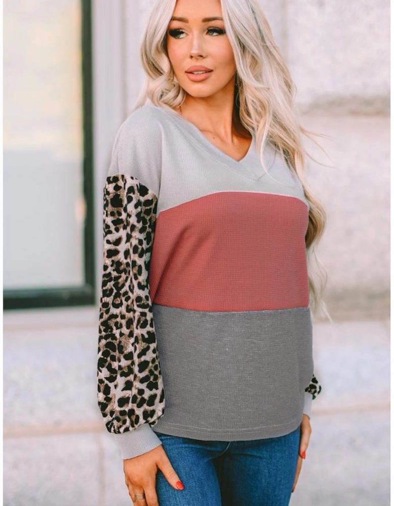 Red Wild Leopard Contrast Sleeve Colorblock Waffle Knit Top