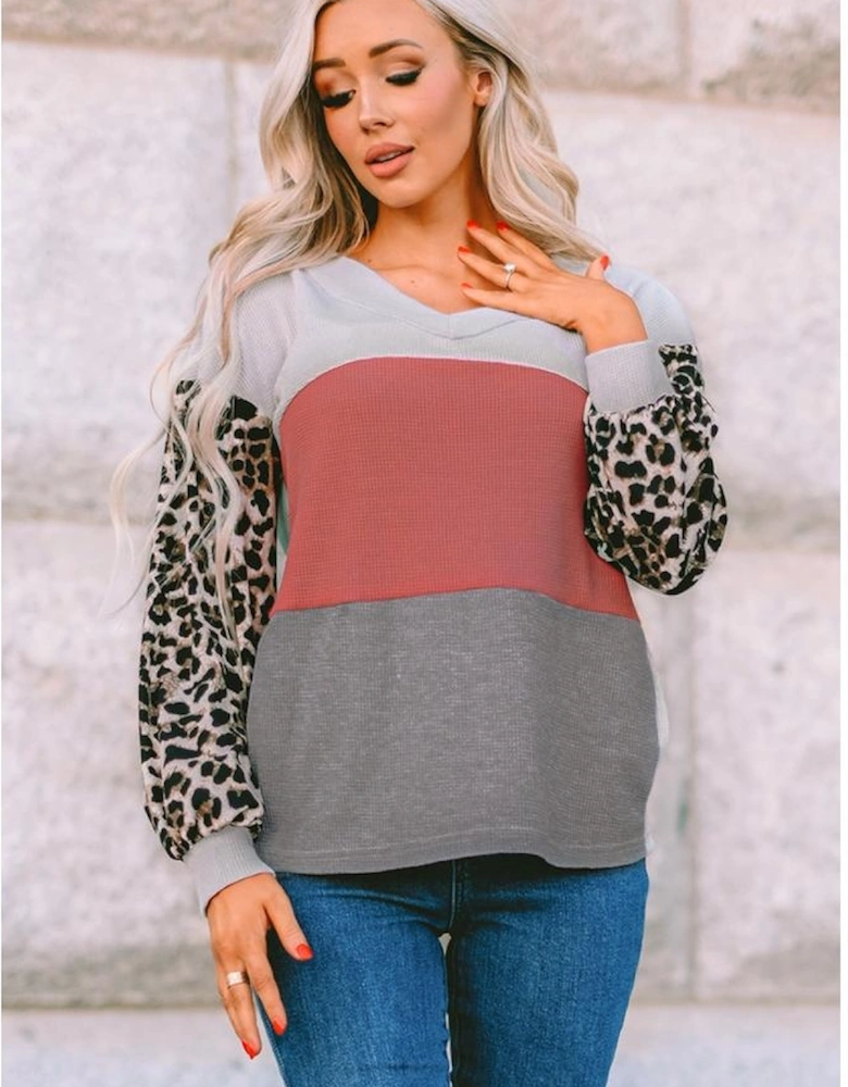 Red Wild Leopard Contrast Sleeve Colorblock Waffle Knit Top
