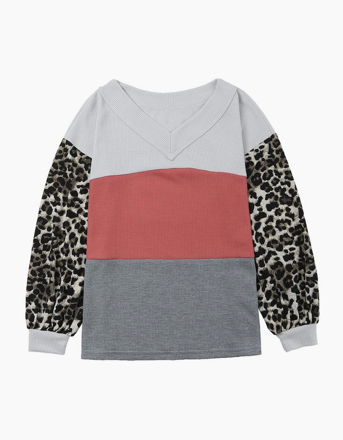 Red Wild Leopard Contrast Sleeve Colorblock Waffle Knit Top