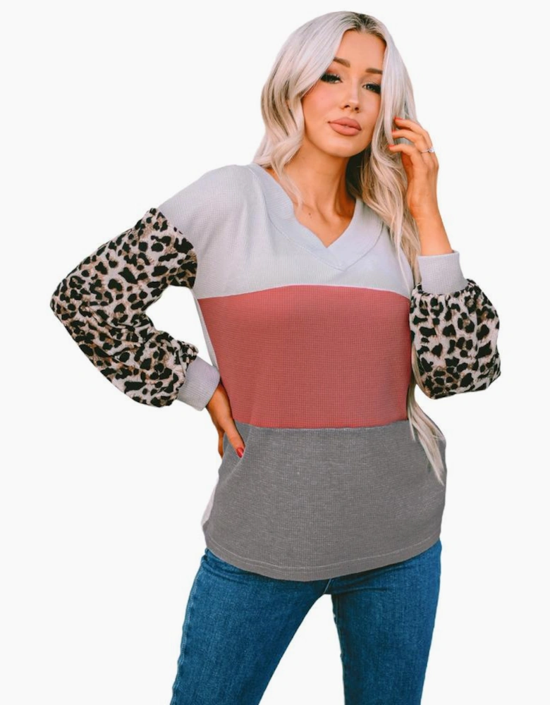 Red Wild Leopard Contrast Sleeve Colorblock Waffle Knit Top
