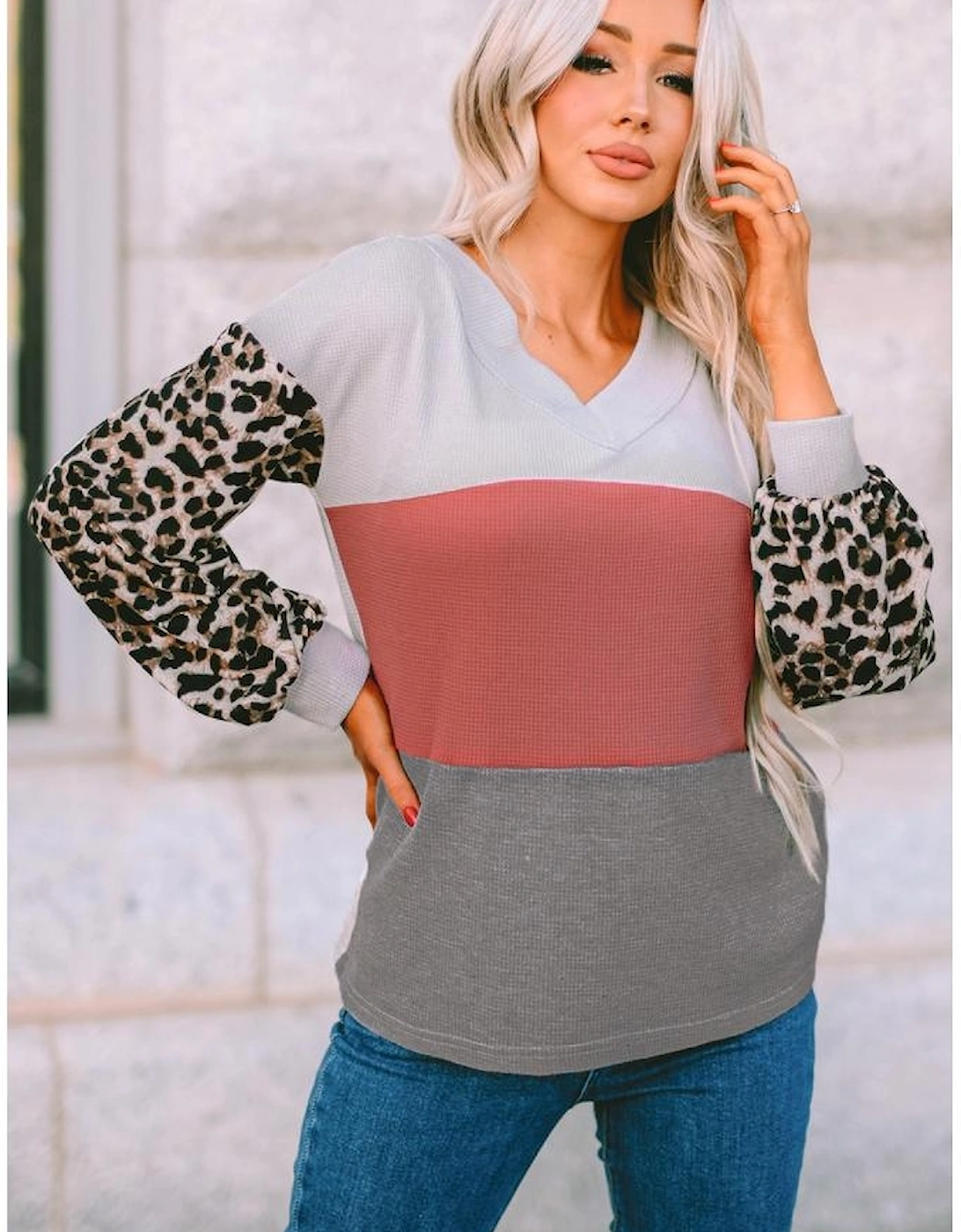 Red Wild Leopard Contrast Sleeve Colorblock Waffle Knit Top