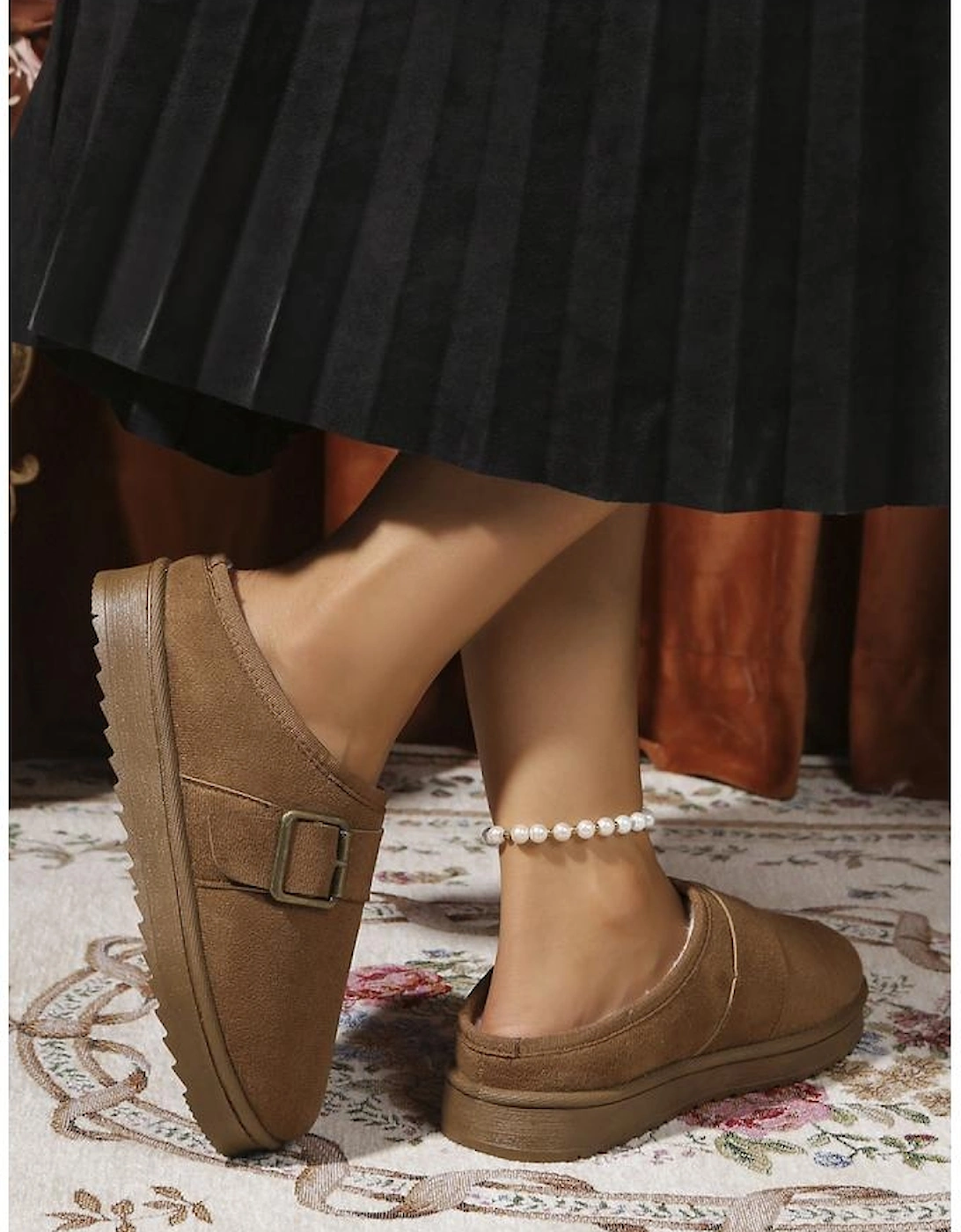 Camel Faux Suede Buckle Strap Detail Winter Clog Slippers