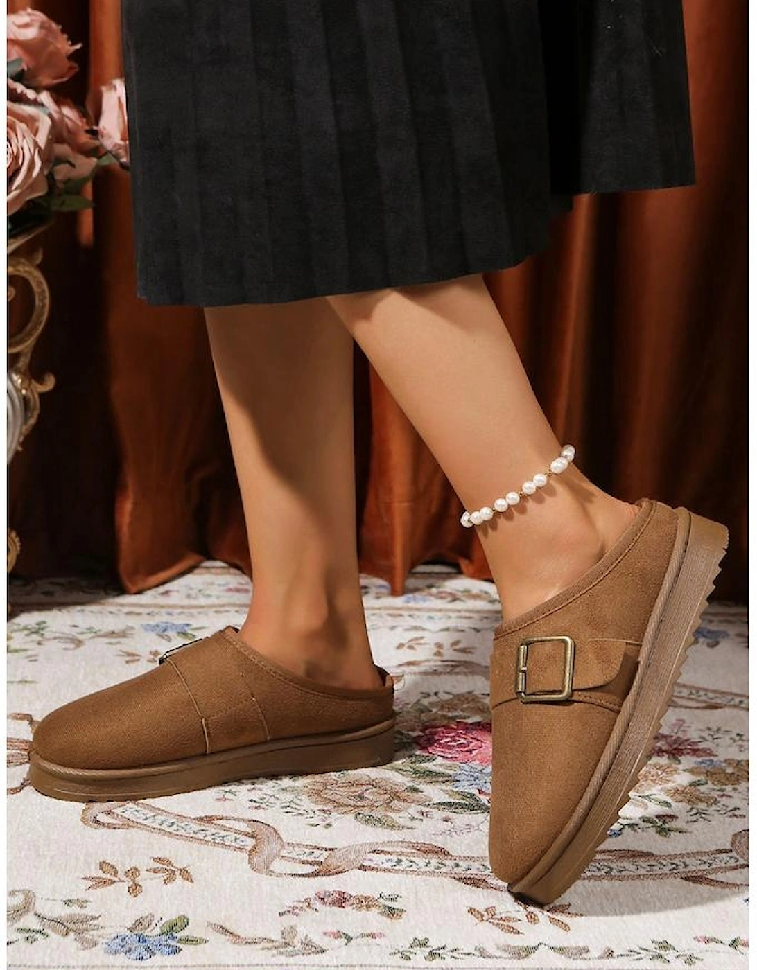 Camel Faux Suede Buckle Strap Detail Winter Clog Slippers, 5 of 4