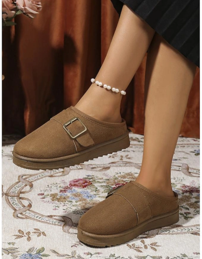 Camel Faux Suede Buckle Strap Detail Winter Clog Slippers