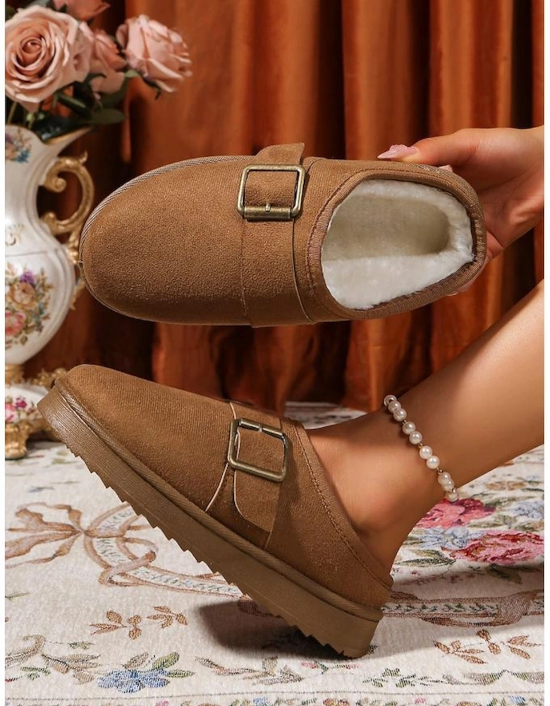 Camel Faux Suede Buckle Strap Detail Winter Clog Slippers