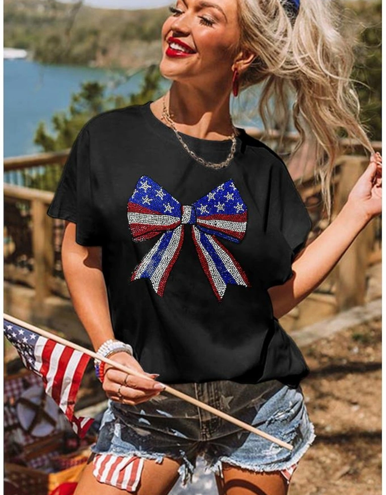 Black Rhinestone Stars and Stripes Bow Graphic Independence Day T Shirt