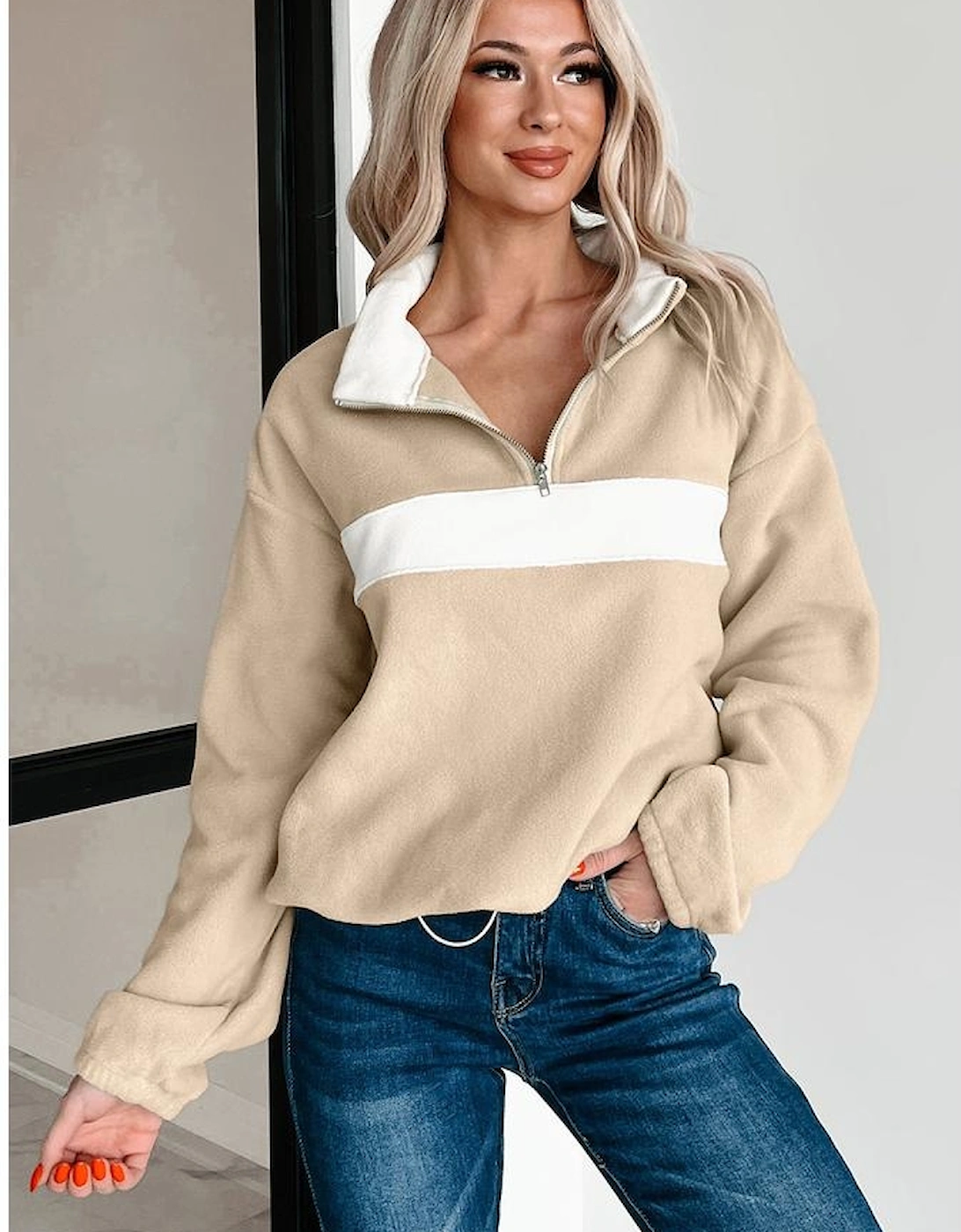 Parchment Fleece Colorblock Patchwork Zipped Neck Pullover Sweatshirt