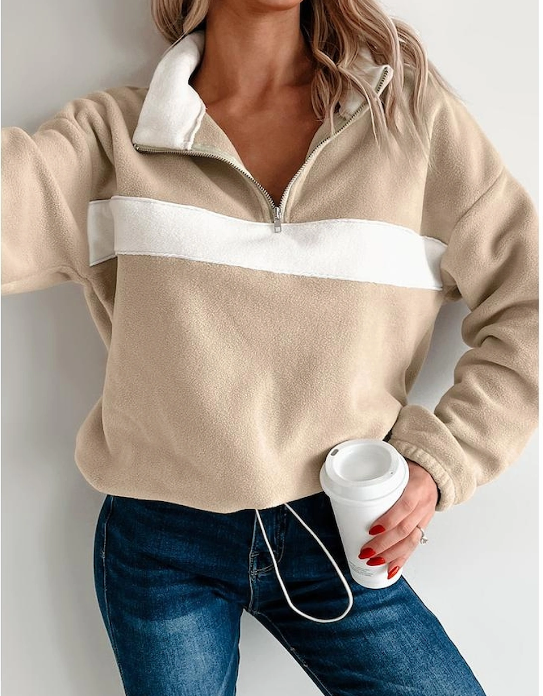 Parchment Fleece Colorblock Patchwork Zipped Neck Pullover Sweatshirt, 4 of 3