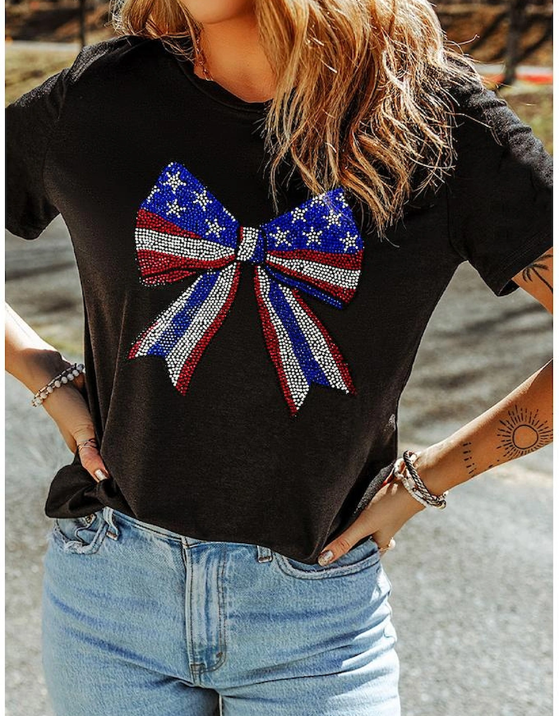 Black Rhinestone Stars and Stripes Bow Graphic Independence Day T Shirt