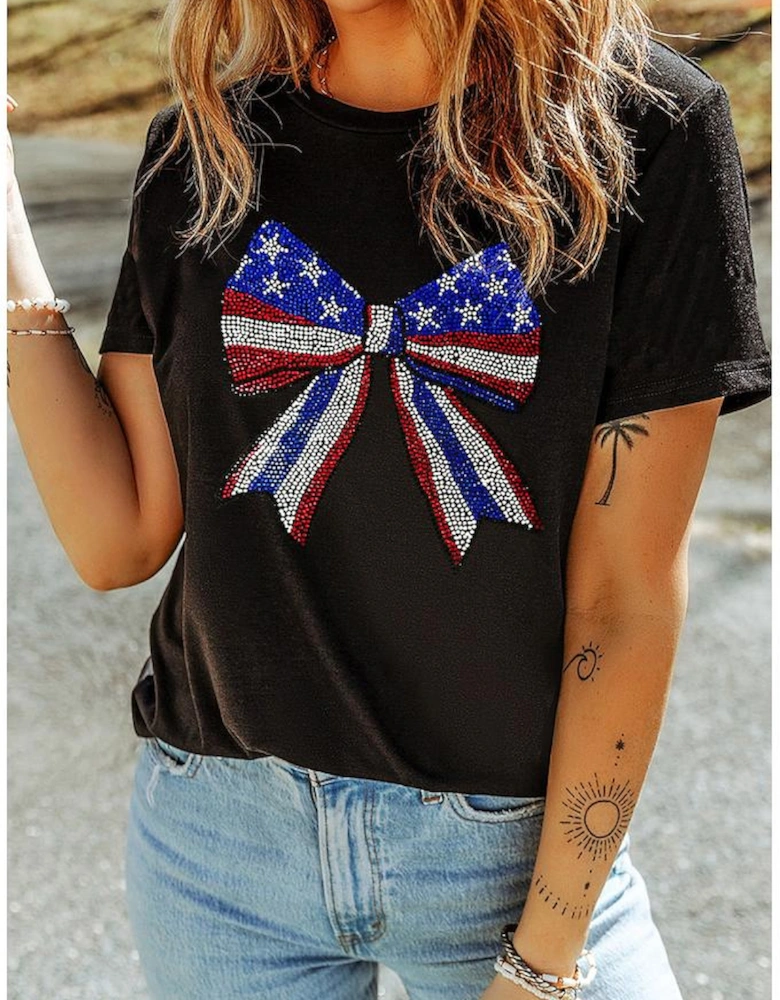 Black Rhinestone Stars and Stripes Bow Graphic Independence Day T Shirt