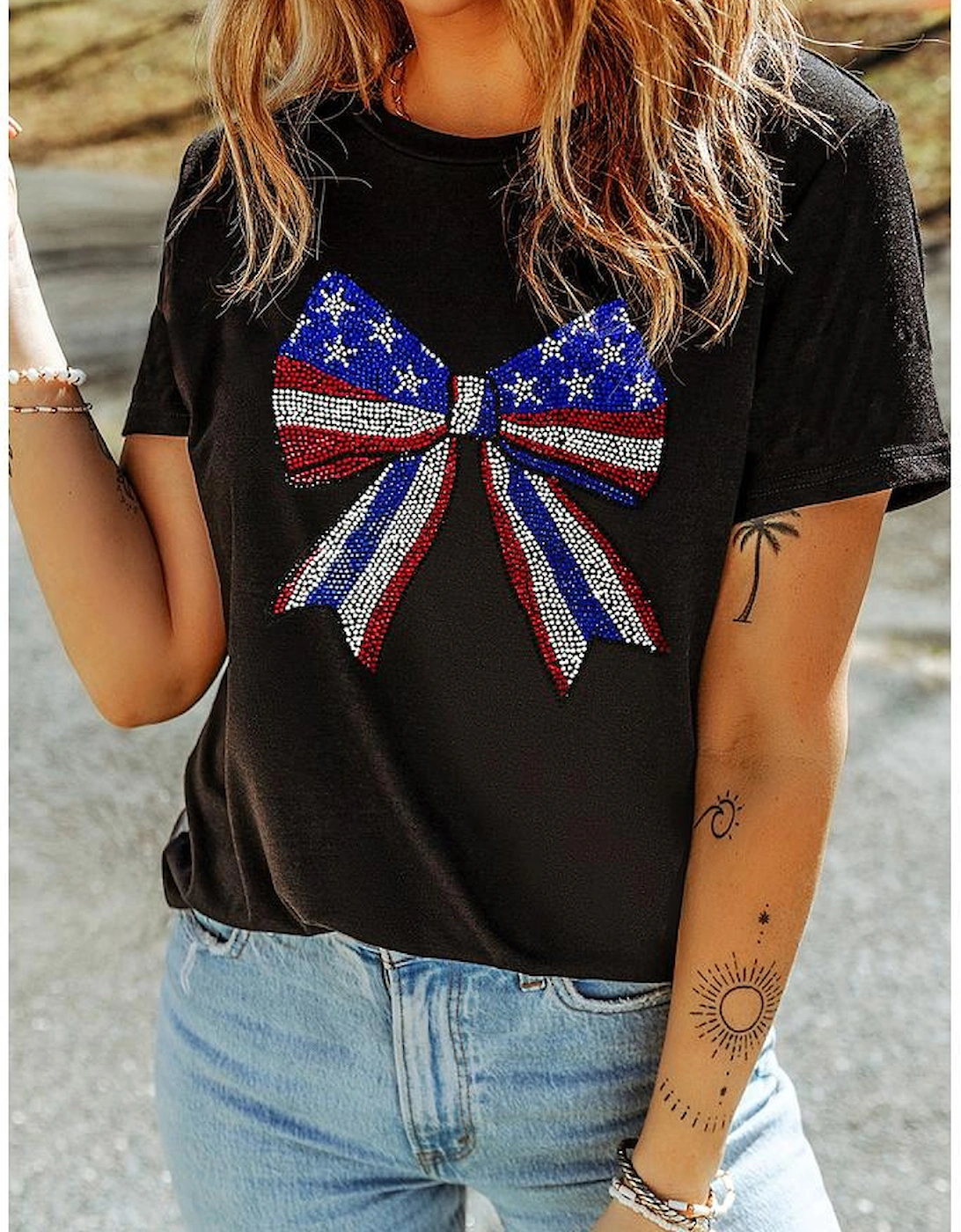 Black Rhinestone Stars and Stripes Bow Graphic Independence Day T Shirt