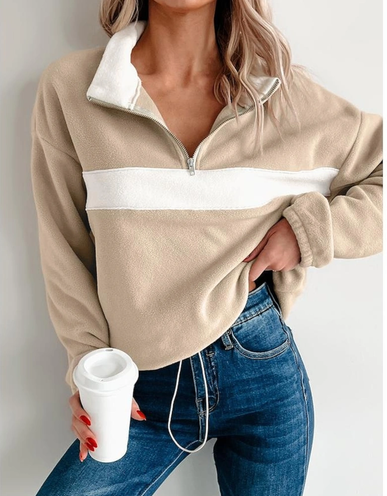 Parchment Fleece Colorblock Patchwork Zipped Neck Pullover Sweatshirt