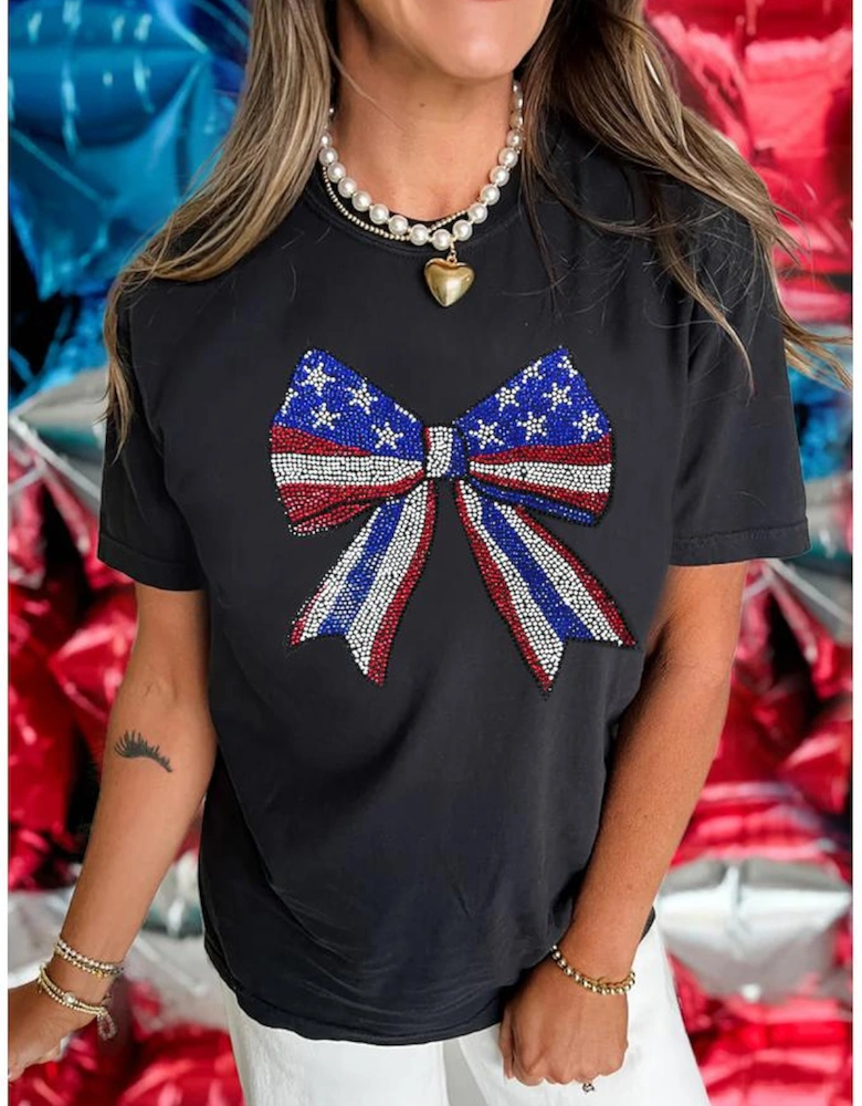 Black Rhinestone Stars and Stripes Bow Graphic Independence Day T Shirt