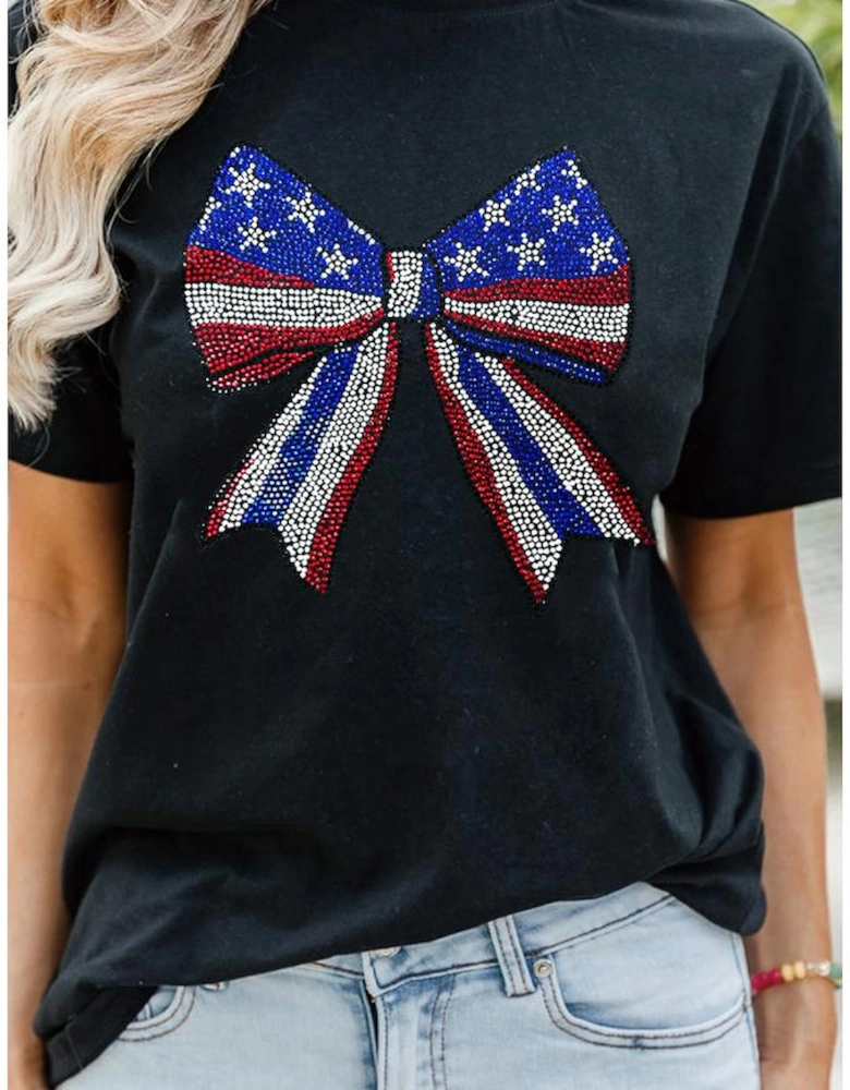 Black Rhinestone Stars and Stripes Bow Graphic Independence Day T Shirt