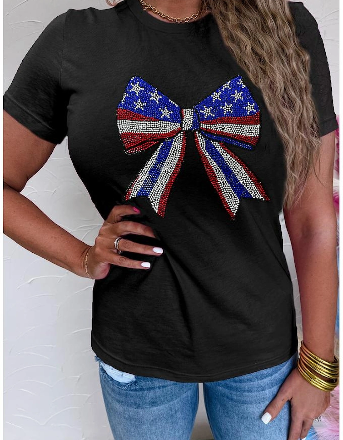 Black Rhinestone Stars and Stripes Bow Graphic Independence Day T Shirt