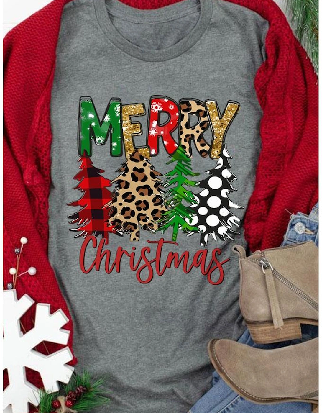 Gray Merry Christmas Tree Pattern Print Crew Neck Graphic Tee, 7 of 6