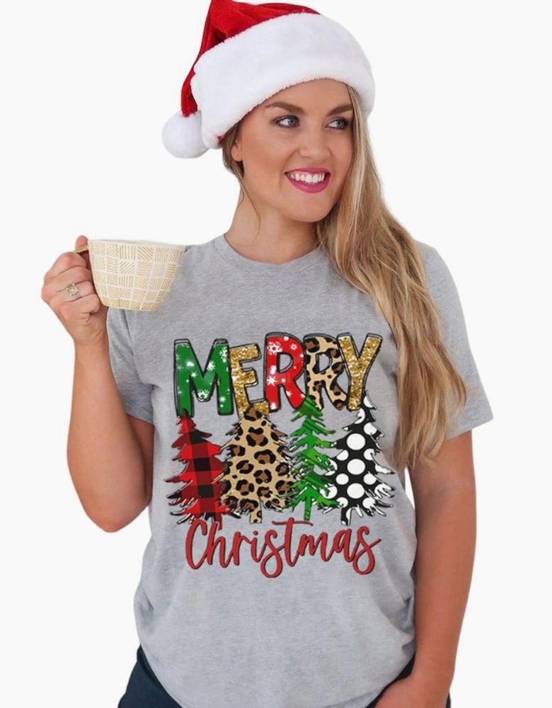 Gray Merry Christmas Tree Pattern Print Crew Neck Graphic Tee